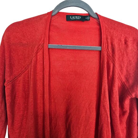 Lauren Ralph Lauren Womens Linen Sweater Cardigan Holiday Red Classic Preppy M - Picture 2 of 8